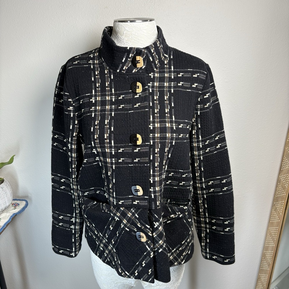 Habitat Women's Small ~ Black Brown Plaid Button Up Textured Swing Jacket
